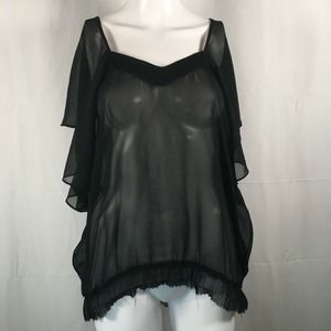 Natasha Gan Shirt Womens Sz 8 UK 12 Black‎ Semi Sheer Flutter Sleeve Top